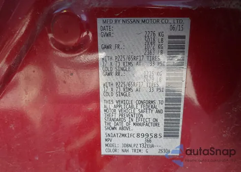 2015 Nissan Rogue S z USA, uszkodzony, nr VIN 5N1AT2MK1FC899585